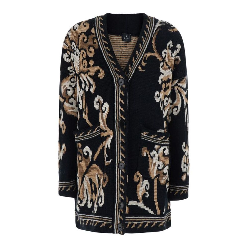 Etro Women Black Cardigan With All-Over Embroidery And V-Neck In Wool For Women